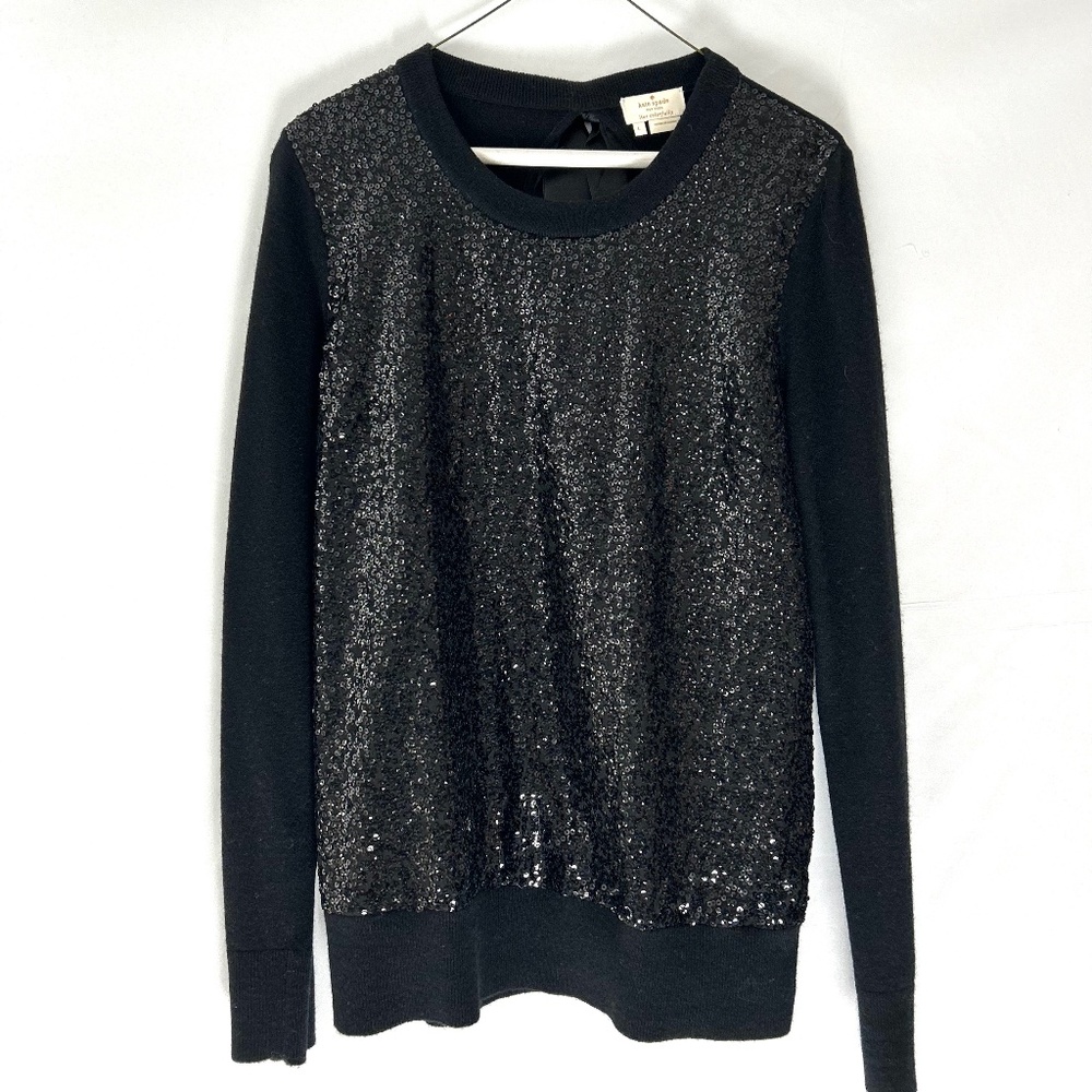 Kate Spade L/S Black Sequin Front Sweater with Silk Tie in Back - Size L